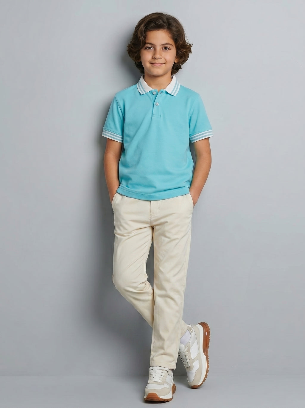 Polo Shirt Kids Casual Collar, Baby Blue - White
