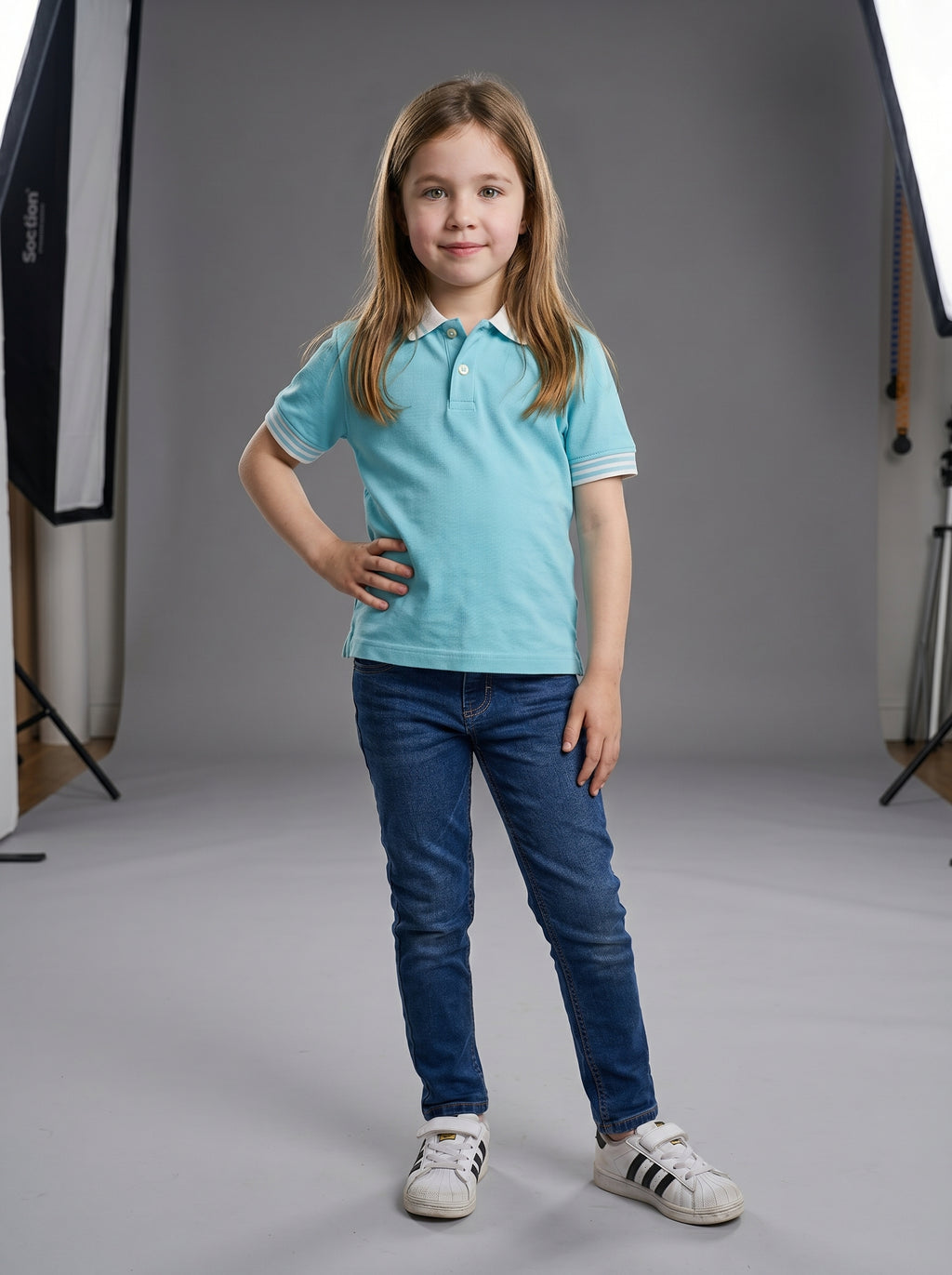 Polo Shirt Kids Casual Collar, Baby Blue - White