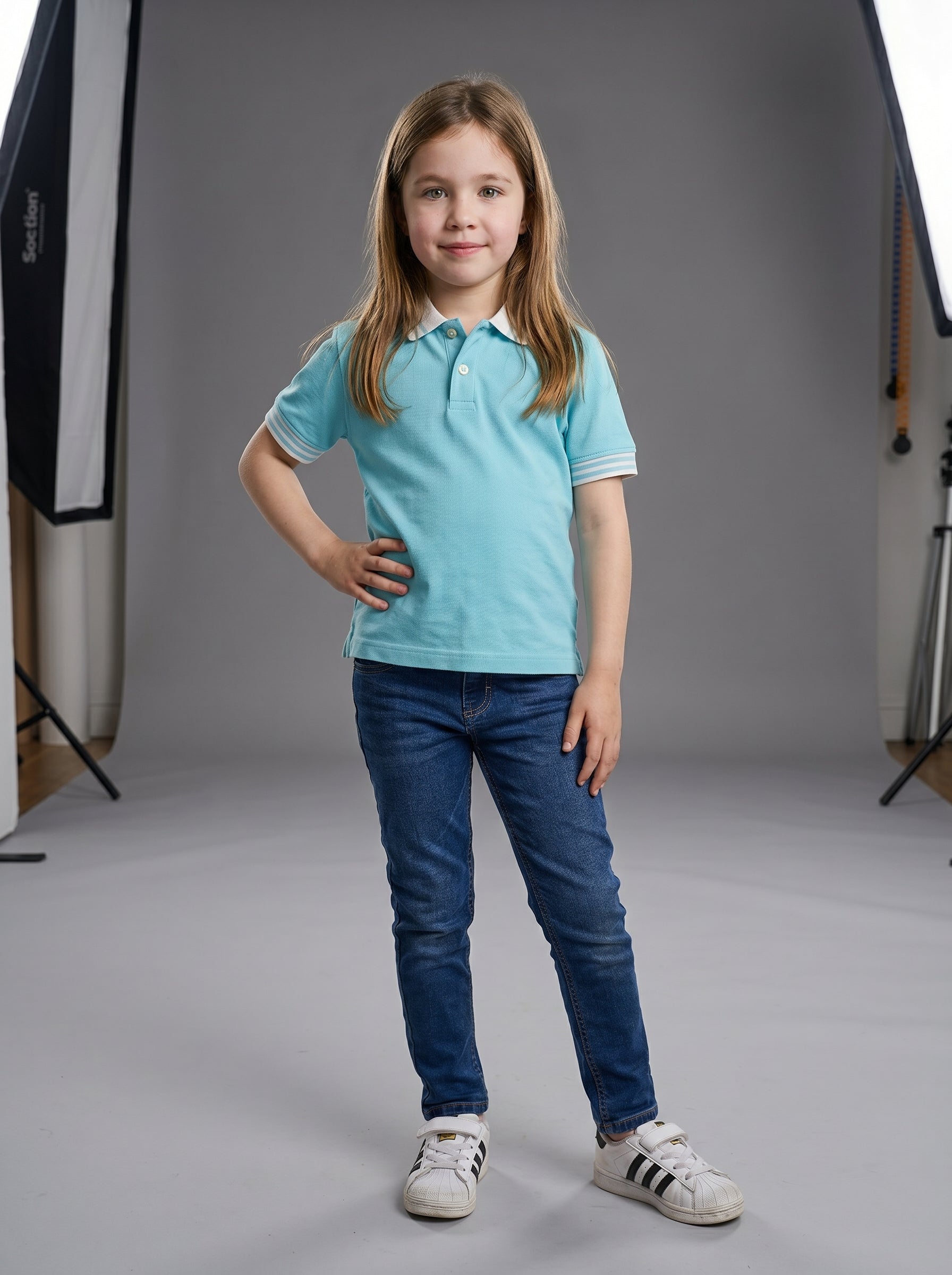 Polo Shirt Kids Casual Collar, Baby Blue - White