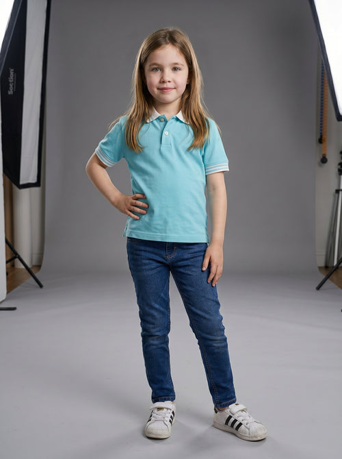 Polo Shirt Kids Casual Collar, Baby Blue - White