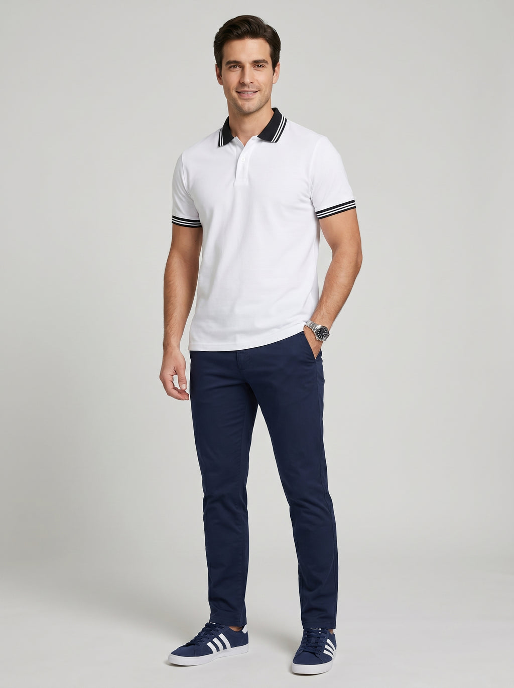 Polo T-Shirt Casual Collar for men, White - Navy Blue